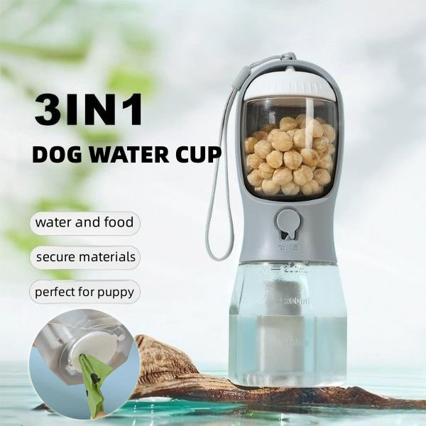 3-in-1 Portable Dog Water Bottle - Travel Pet Cup with Food Container & Waste Bag Dispenser