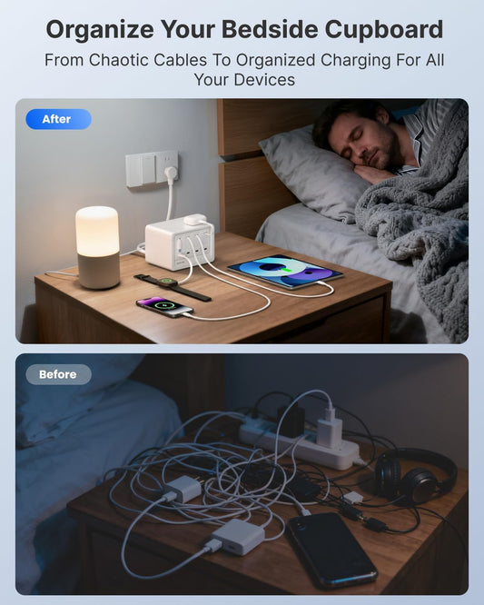 12-In-1 Desktop Charging Station with 4 Retractable Wall Chargers, 40W USB-C Power Strip with 4 AC, 4 USB C, 4 Type-C 31.5In Cables, Extension Cord with 1020J Surge Protection for Home Office