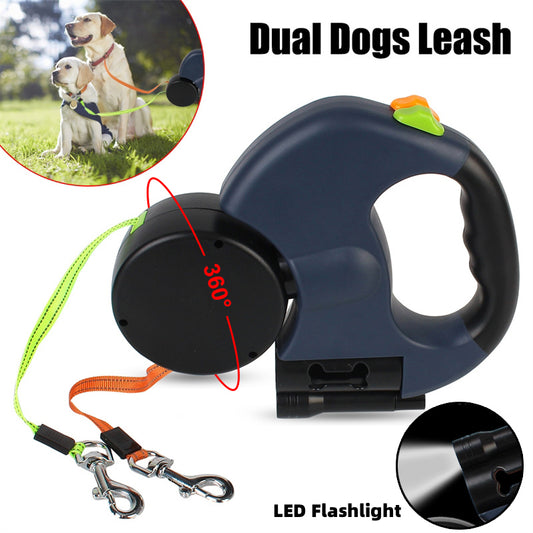 360° Reflective Dual Dog Leash with LED Lights - Retractable No-Tangle Swivel for Small Dogs