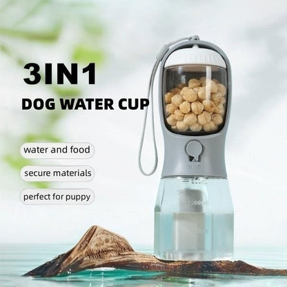 3-in-1 Portable Dog Water Bottle - Travel Pet Cup with Food Container & Waste Bag Dispenser