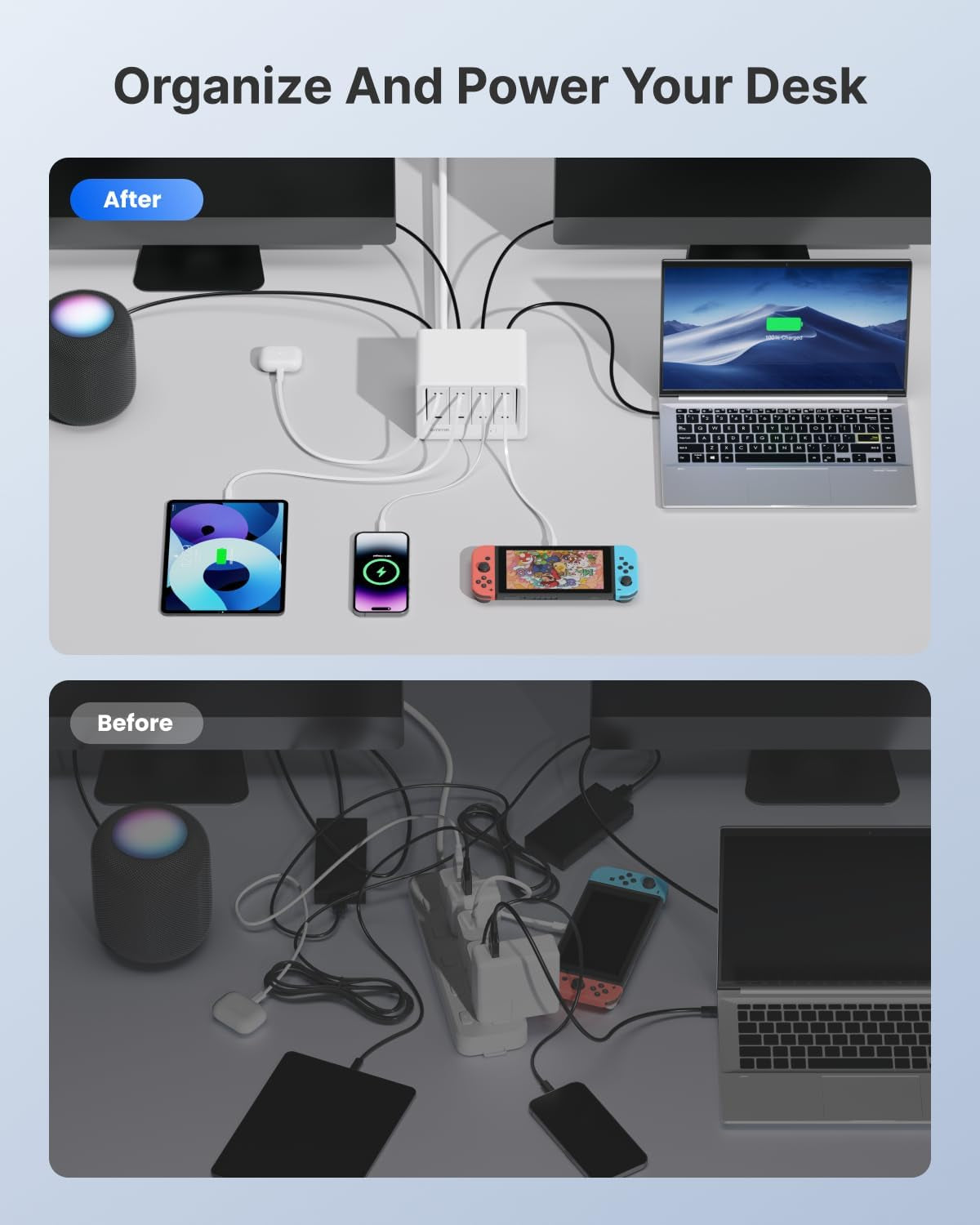 12-In-1 Desktop Charging Station with 4 Retractable Wall Chargers, 40W USB-C Power Strip with 4 AC, 4 USB C, 4 Type-C 31.5In Cables, Extension Cord with 1020J Surge Protection for Home Office
